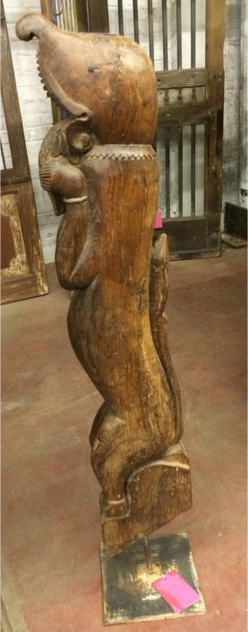 Animal, gueule ouverte, ancien, en bois, sur socle, 106cm