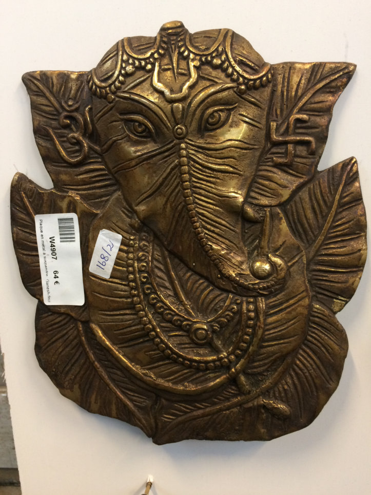 Plaque en métal à suspendre, Ganesh/feuille, 22x19cm