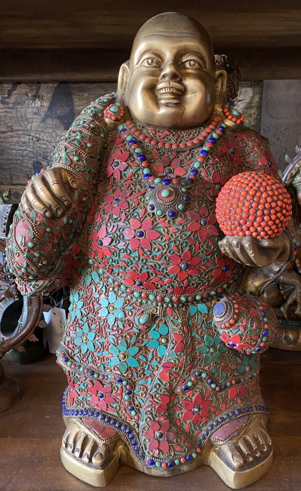 Bouddha/bodhisattva Miluo Fo, metal/pierres semi precieuses, 46cm 