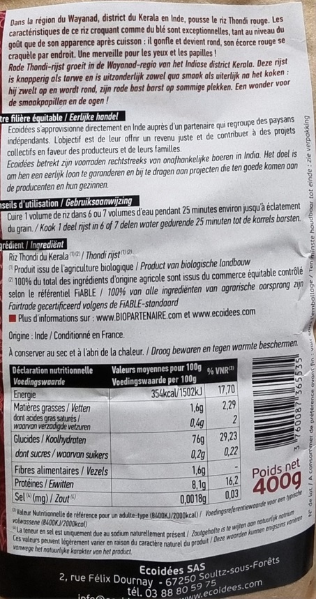 BIO - Riz rouge Thondi du Kérala - 400g - Ecoidées