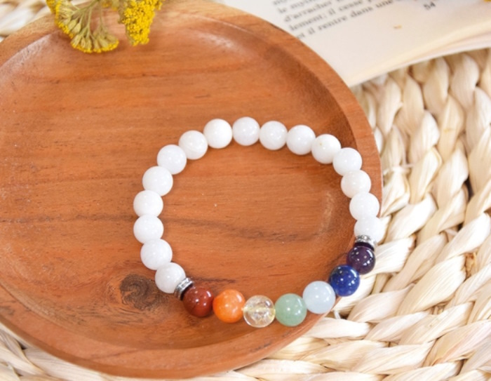 Bracelet 7 Chakras Pierre de lune Perles rondes 8 mm