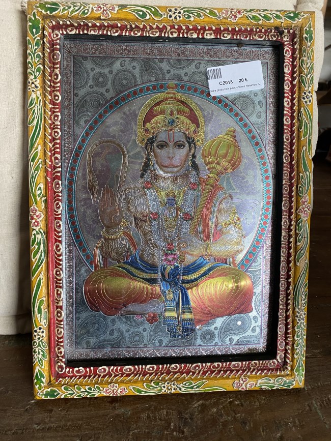 Cadre bois peint+chromo Hanuman, 35x25cm