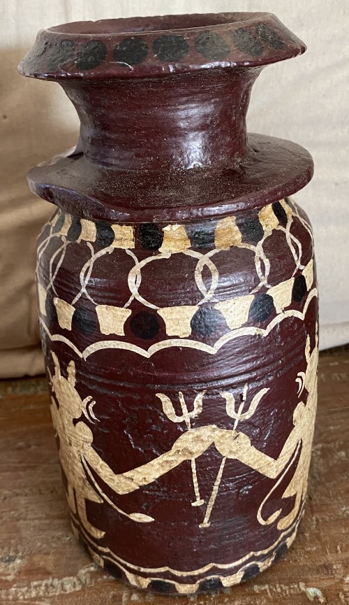 Pot en bois peint, motif tribal, 24cm