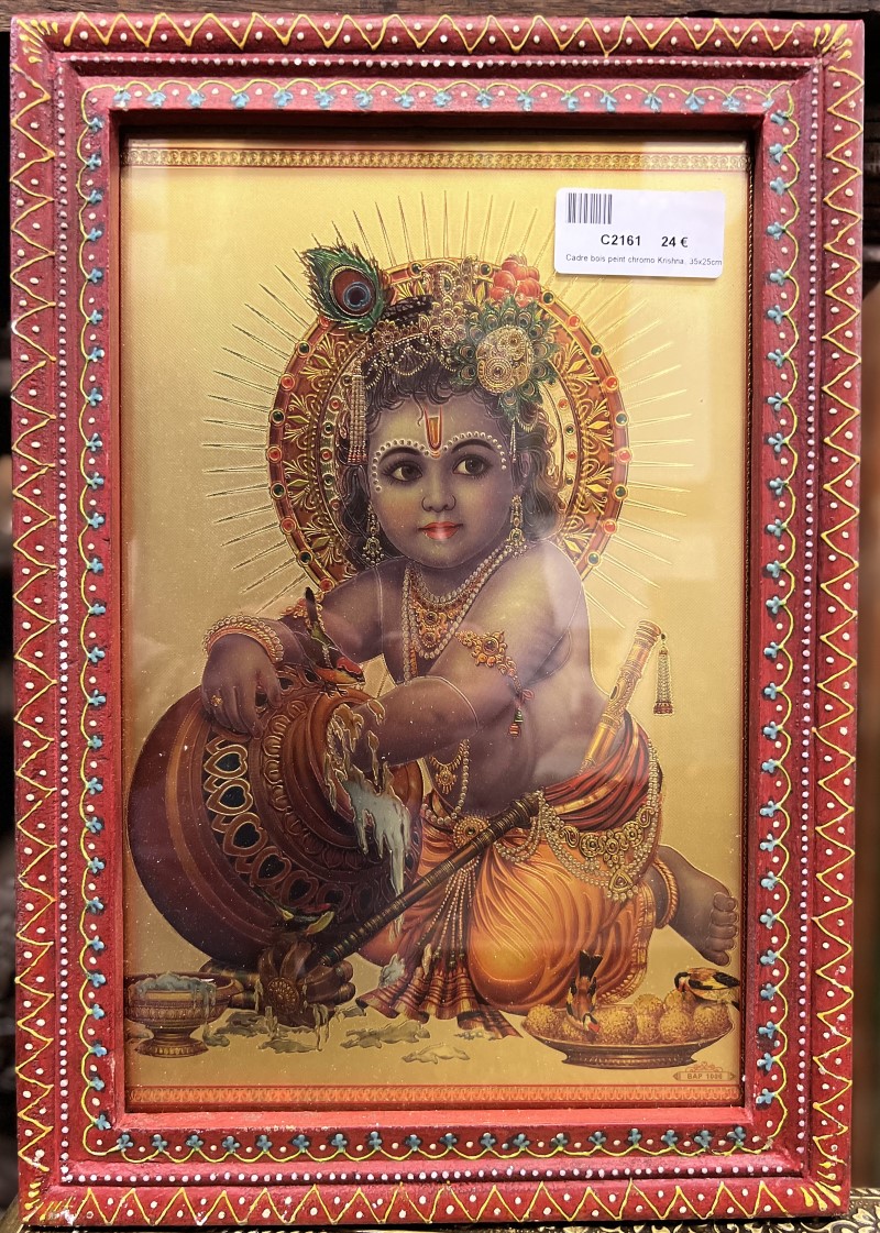 Cadre bois peint+chromo Krishna, 35x25cm