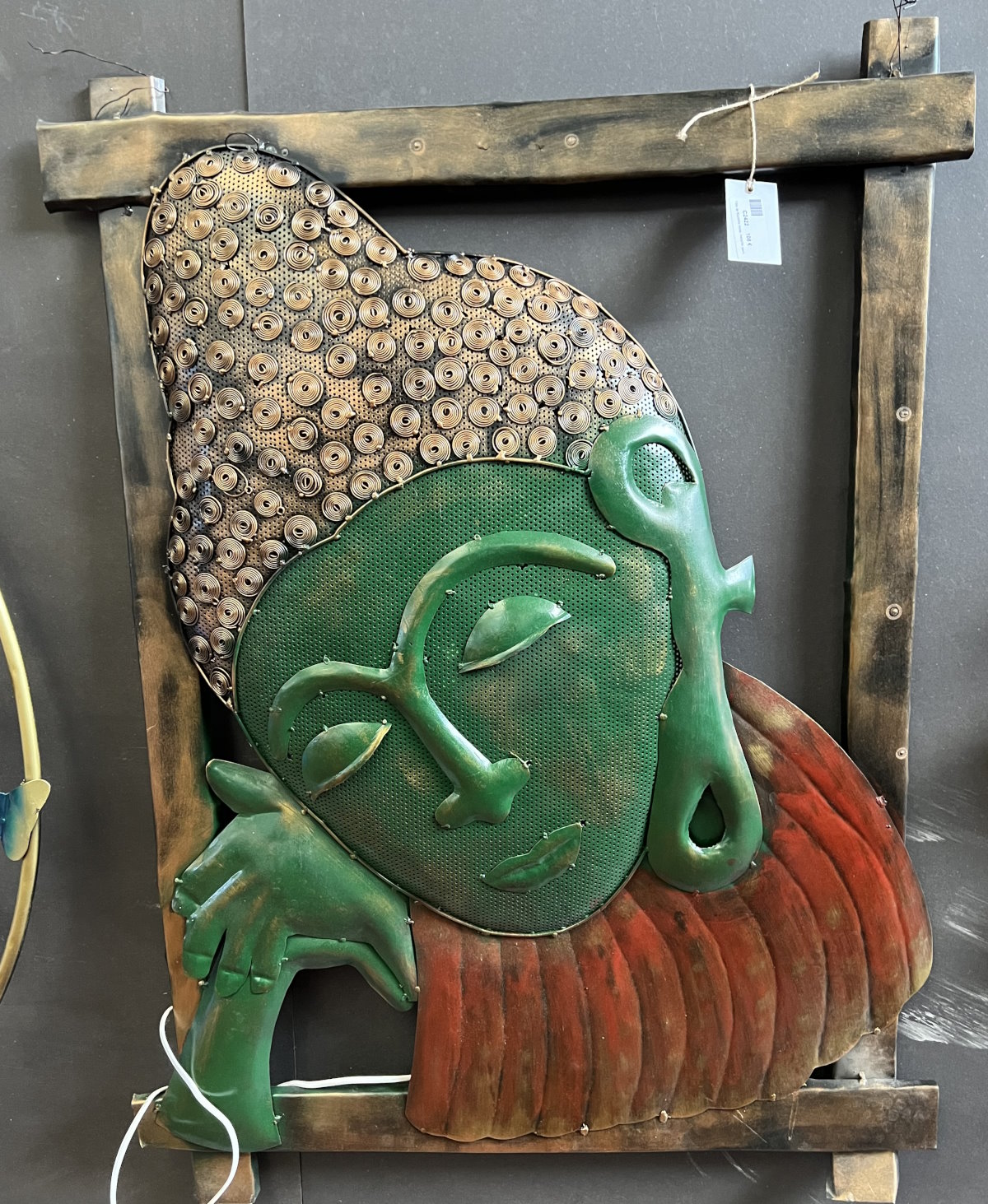 Tête de Bouddha mural, metal / fer peint, 95x69,5 cm