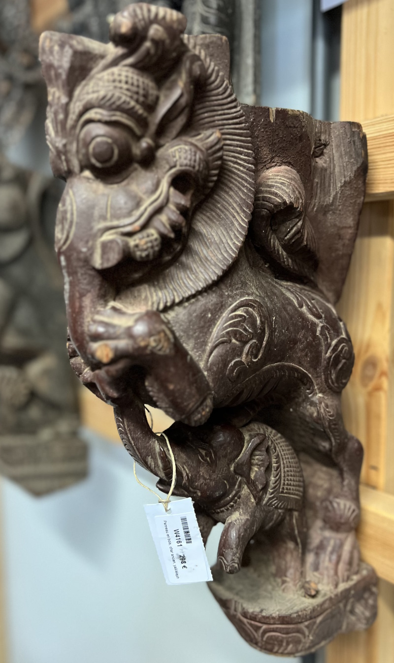 Panneau en bois, char ancien, yali / éléphant,38x24cm
