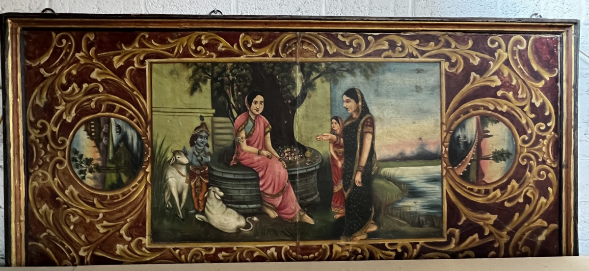 Panneau bois peint:Krishna enfant et Yashoda, 116x244 cm