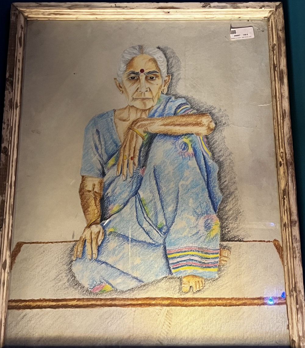 Peinture sur papier: vieille femme, 77x58cm