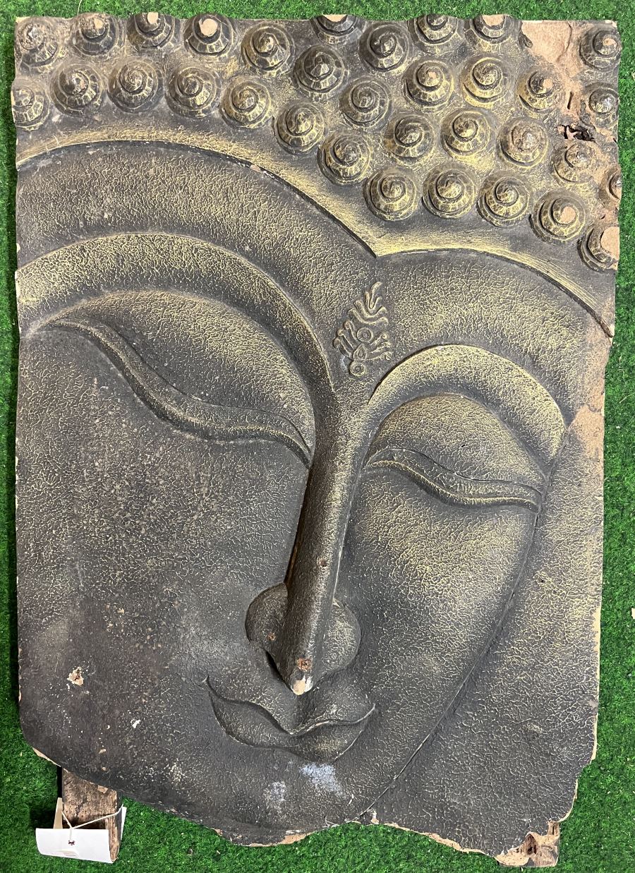 Panneau bois: visage de Bouddha, 66x45 cm