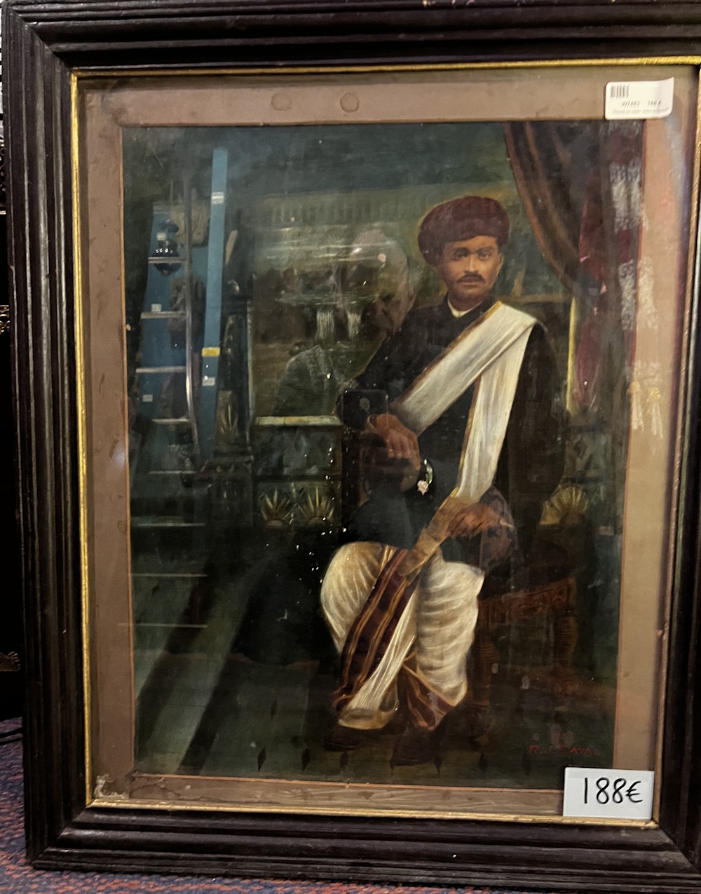 Peinture sur papier: thakur a l'echarpe blanche,69x57 cm