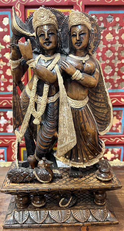 Krishna / Radha en bois sculpte verni, socle, 36x20 cm