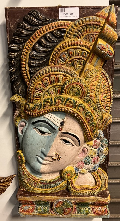 Panneau bois peint, visage de Shiva, 60x30 cm