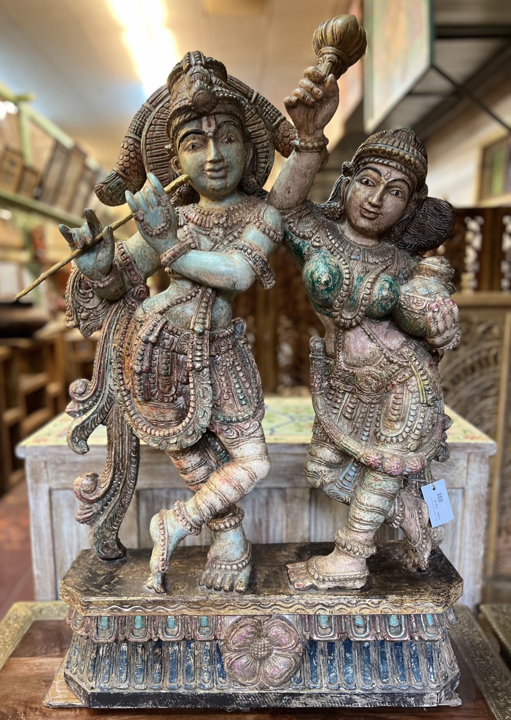 Krishna-Radha en bois peint, 95x60 cm