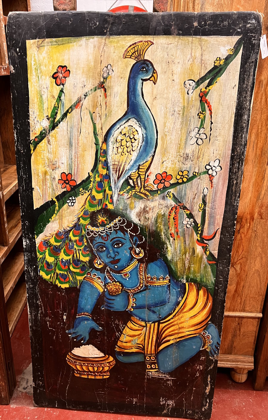 Panneau teck ancien  paon 152X74 Panneau teck ancien  paon 152X74