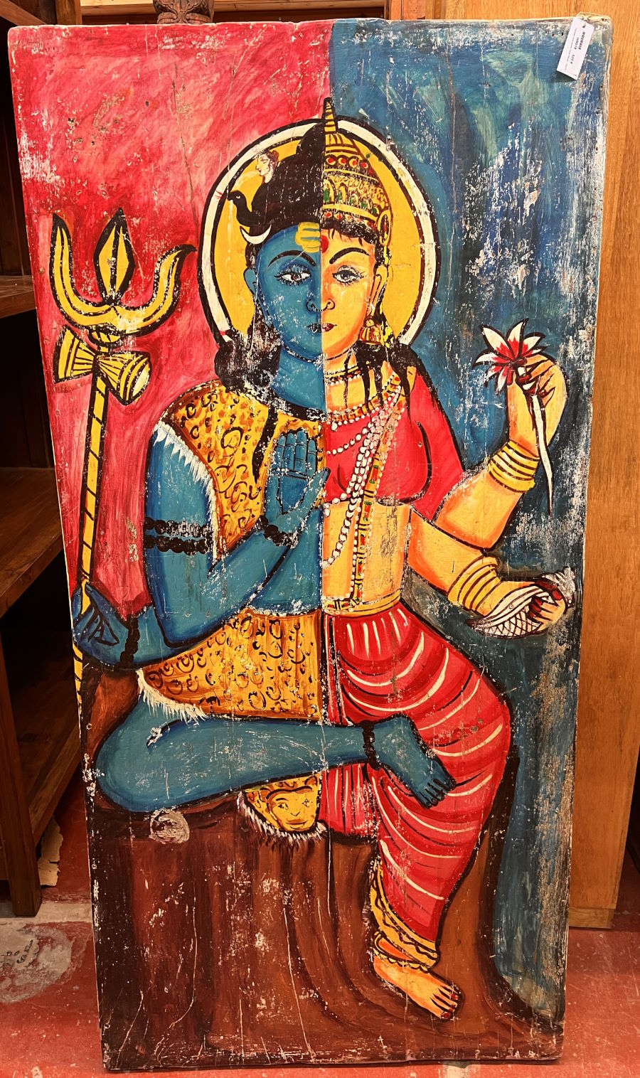 Panneau teck ancien Shiva-Parvati 153X74 Panneau teck ancien Shiva-Parvati 153X74