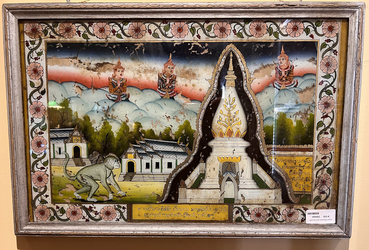Eglomis&eacute; ancien stupa avec motif singe 40X59