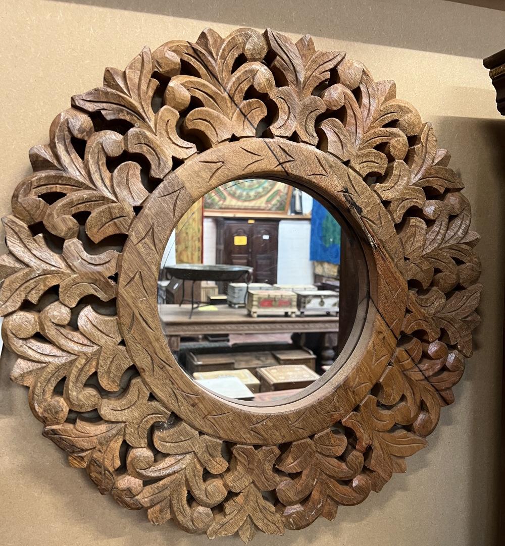 Miroir: cadre bois ajoure patine, diam 60cm