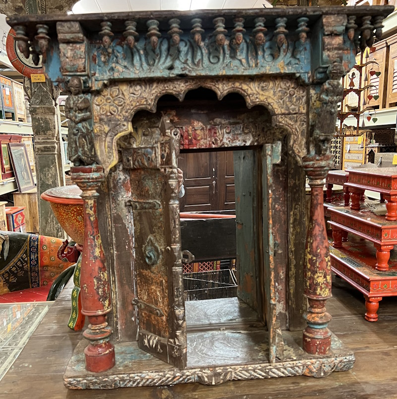 Temple mandapam ancien bois peint, 88 x 73 x 25cm cm