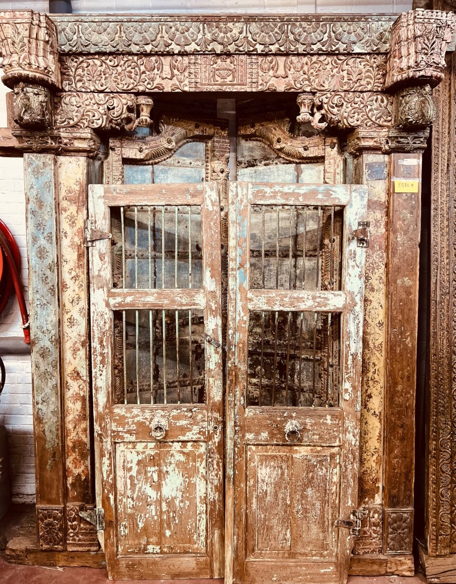 Porte ancienne du Rajasthan, bois patine bleue, 250x200 cm 