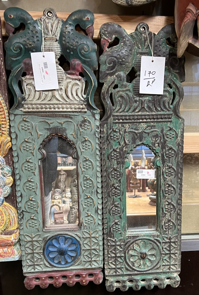 Miroir: cadre fenetre bois+2 perroquets, 72x22 cm