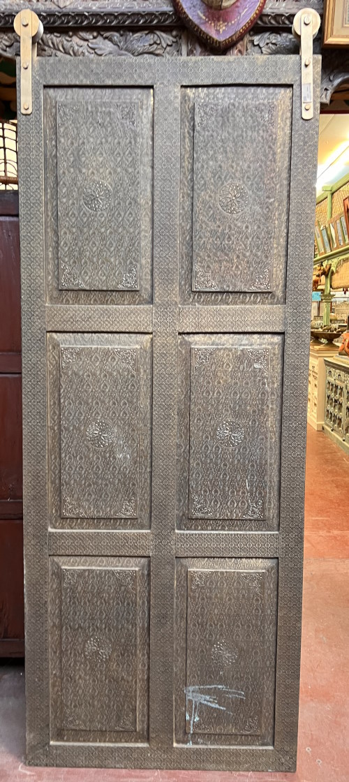 Porte double face, &acirc;me en bois+6 panneaux m&eacute;tal, 213x85 cm