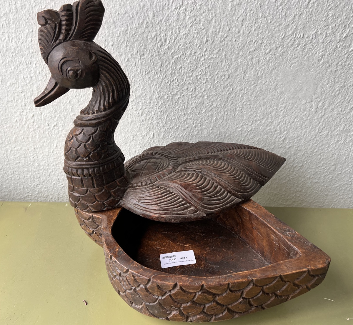 boite ancienne en bois cygne &agrave; friandises 38/24/36