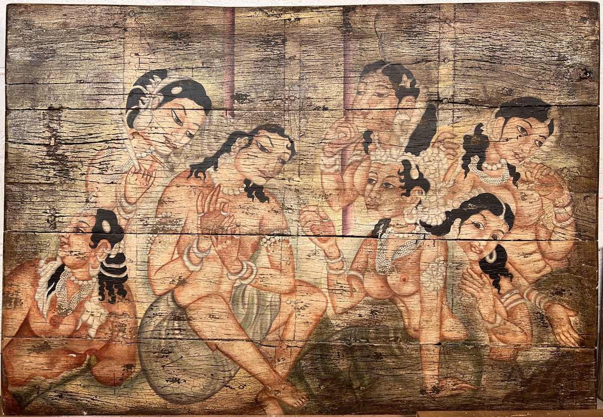 Peinture sur bois de teck. Repr&eacute;sentations de la grotte  d'Ajanta  125x87