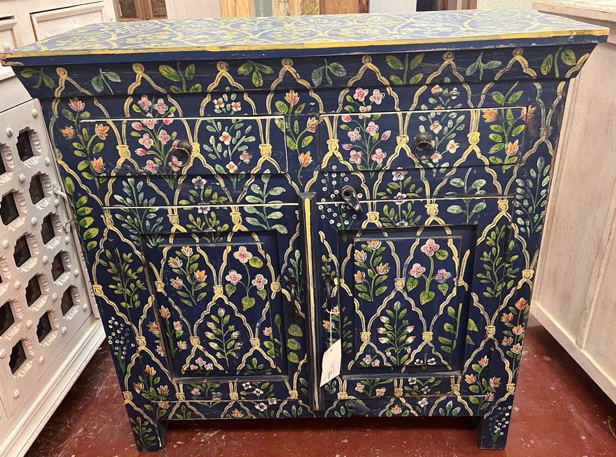 Meuble peint bleu avec motif floraux 90 X 40 X 90