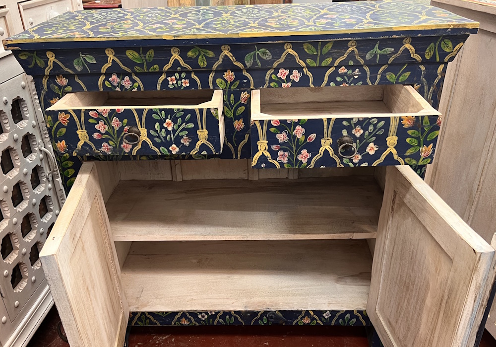 Meuble peint bleu avec motif floraux 90 X 40 X 90